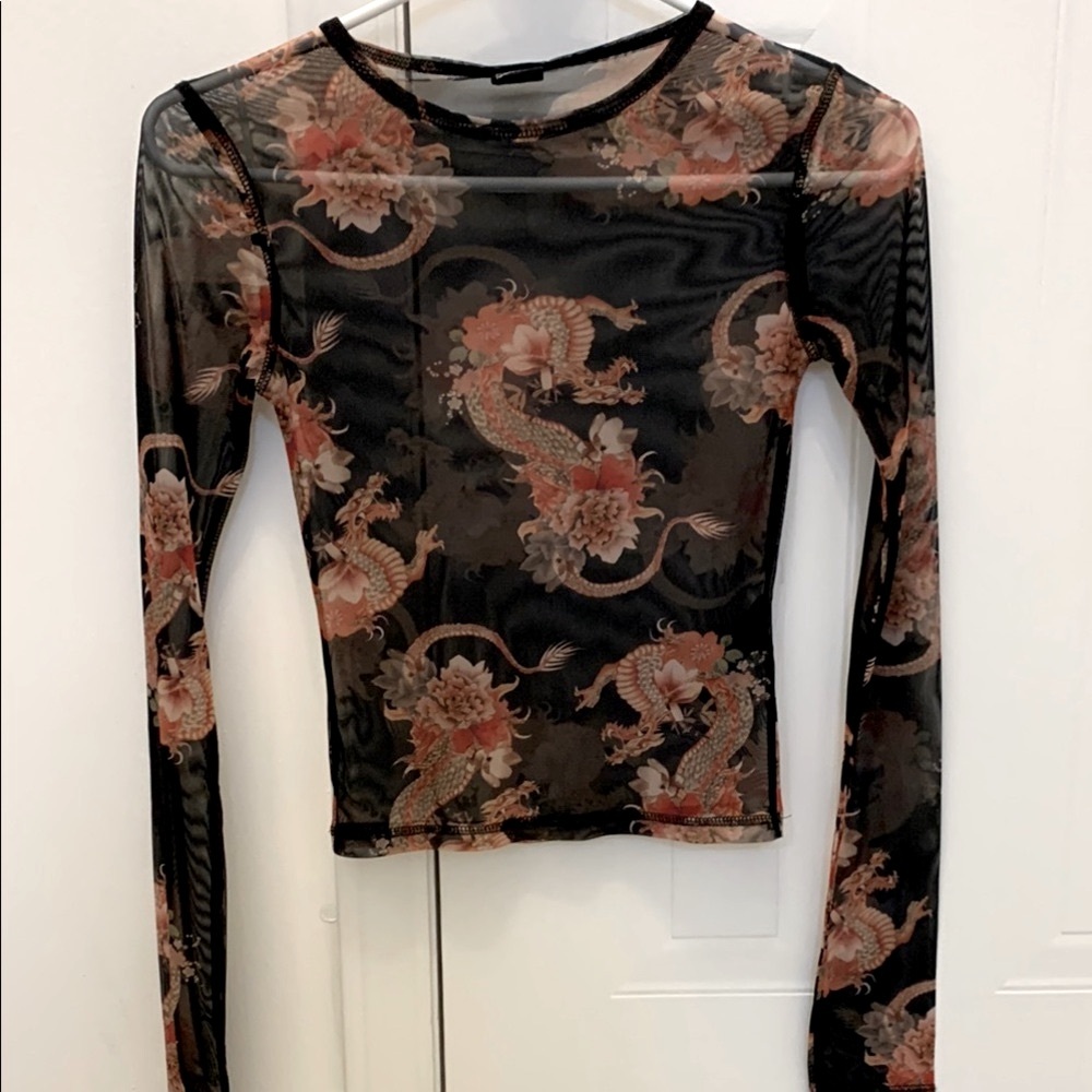 Mesh Sheer Black and Orange Dragon Print Top